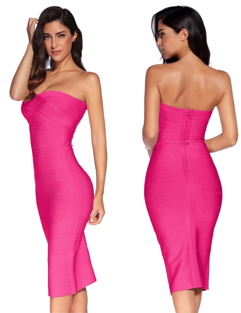 Meilun Women's Midi Cocktail Dresses Strapless Bandage Bodycon Dress Wedding Party Dress(Rose,S) - Image 3